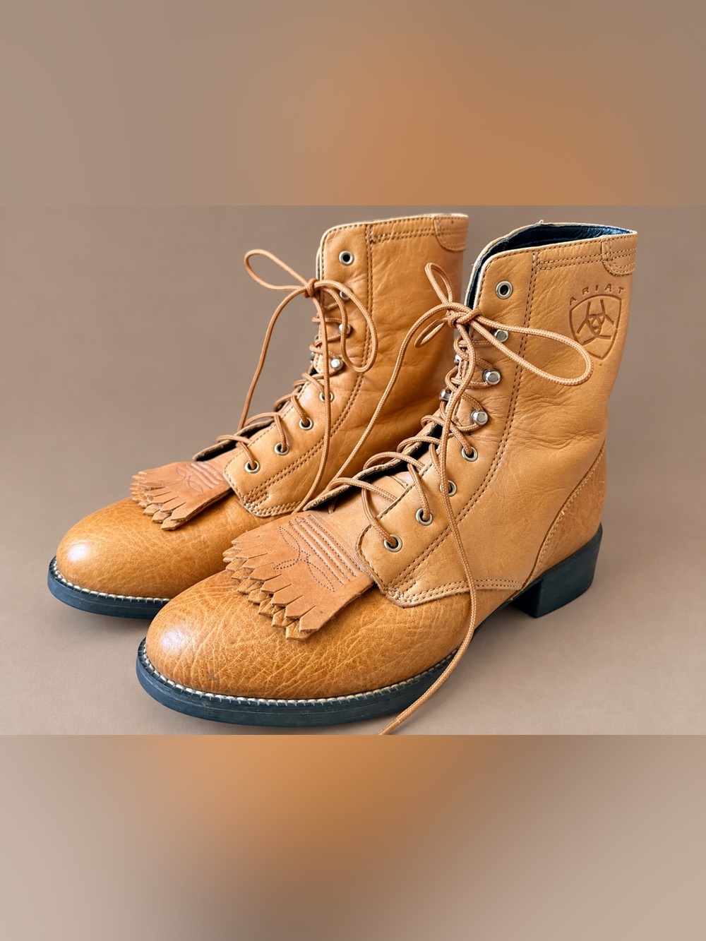 Vintage 90s Ariat Heritage Lacer Boots Tan Leather Kiltie Women's 7.5 B 11081